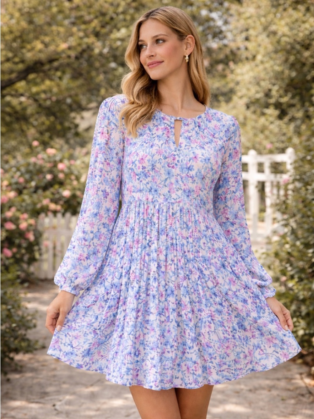 🔥Emma & Michele Floral Pleated Mini Dress | Long Sleeve Flowy Boho Spring